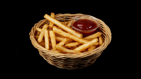 A basket of freshly fried French fries with dipping sauces, isolated on a black background, perfect for a snack-time cravingの素材