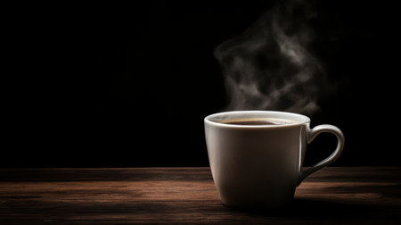 A cozy white mug of hot coffee with gentle steam rising, sitting on a dark wooden table, with a black background creating a warm atmosphereの素材