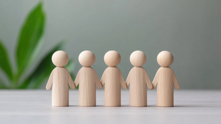 This image features wooden figurines standing together, symbolizing unity and teamwork, perfect for illustrating concepts of connection and cooperation.の素材