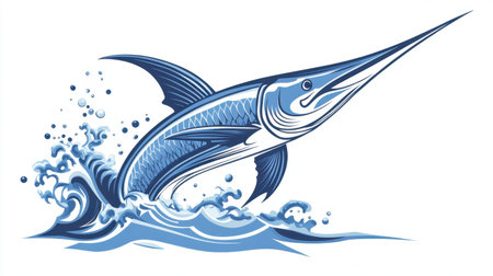 A bold illustration of a blue marlin swordfish jumping out of the sea, isolated on a white background, representing marine adventure and sport fishingの素材