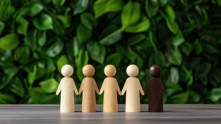 A group of five wooden figurines of different colors stands hand-in-hand, showcasing themes of unity and diversity against a vibrant green backdrop, perfect for representing togetherness.の素材