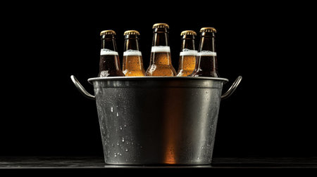 A metal bucket of cold beer bottles, condensation forming on the sides, set on a table with a dark black backgroundの素材