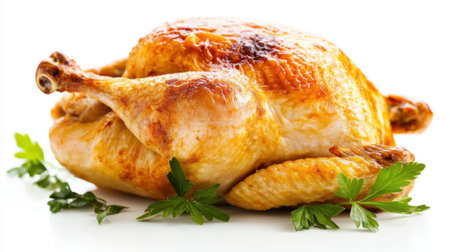 A golden, freshly baked whole chicken, isolated on a white background, highlighting its crispy skin and juicy textureの素材