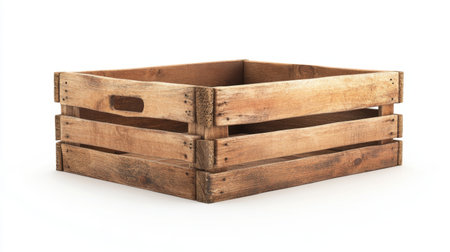 A simple wooden crate with a natural finish, isolated against a white backdrop, ideal for product displays or rustic presentationsの素材