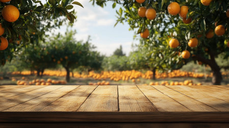 An empty wood table in the foreground, with a picturesque view of orange trees in the background, perfect for showcasing fresh produce or outdoor diningの素材