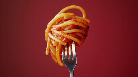Appetizing spaghetti twirled around a fork, covered in traditional Italian sauce, framed against a clean backgroundの素材