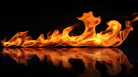 Bright, powerful flames isolated on a black background, capturing the heat and energy of fire in its purest formの素材