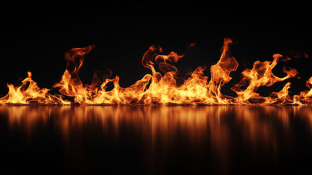 Bright, powerful flames isolated on a black background, capturing the heat and energy of fire in its purest formの素材
