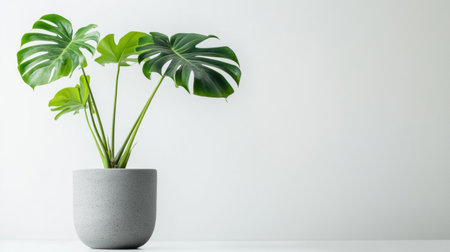 Clean and minimalist shot of a vibrant Monstera deliciosa plant in a gray pot, standing against a white background, emphasizing its lush green foliageの素材