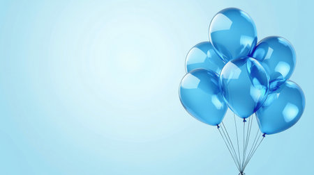 Blue balloons floating against a clean background, creating an inviting party banner ideal for festive eventsの素材