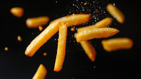 Crispy, golden french fries flying through the air against a black background, creating a mouth-watering visual of fried goodnessの素材