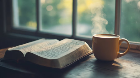 An open Bible on a wooden table next to a steaming cup of coffee, bathed in soft window light, perfect for morning devotionの素材