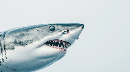 Close-up of a great white shark with its jaws slightly open, isolated on a white background, showcasing its fierce, majestic appearanceの素材