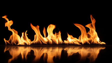 Glowing fire flames against a black background, emphasizing the intense warmth and movement of the burning flamesの素材