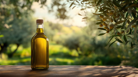 Olive oil bottle on a wooden table, framed by a peaceful olive grove, creating a harmonious and natural visualの素材