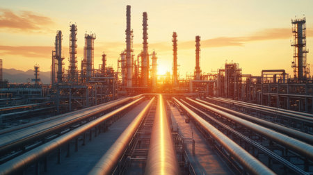 Large oil and gas industrial zone with towering equipment and pipelines, set against a clear sky, showcasing the scale of refinery operationsの素材