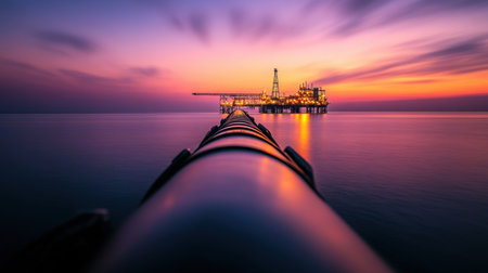 Industrial offshore setting, oil pipeline leading toward a rig bathed in twilight colors, emphasizing strength and resilience in the fading lightの素材