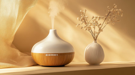 Modern white and wooden essential oil diffuser, displayed on a tan background, blending functionality with natural designの素材