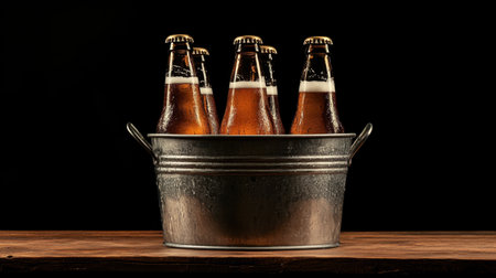 Ice-cold beer bottles in a metal bucket, sitting on a wooden table against a black background, perfect for a casual gatheringの素材