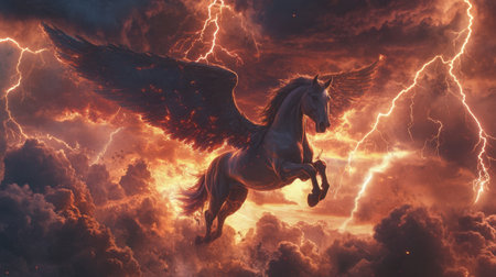 The mythical Pegasus horse flying amidst lightning bolts, its wings spread wide against the dramatic stormy skyの素材