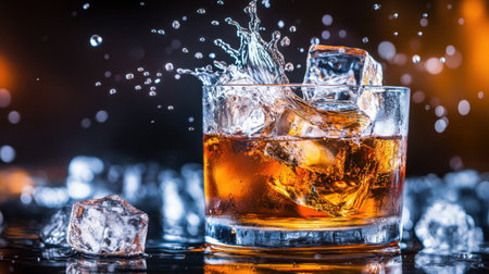 Whiskey and ice cubes splashing in a glass, set against a dark backdrop for a sharp, bold visual of this classic drinkの素材