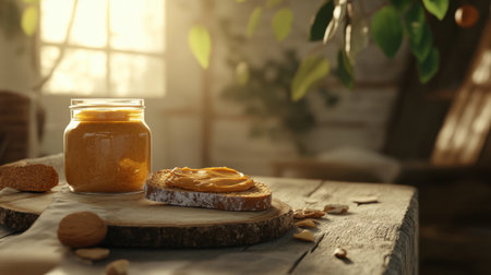 3D illustration of a jar of nut butter, its spread on a slice of bread, highlighting organic textures and wholesome, natural food with a clean, minimalist backdrop.の素材
