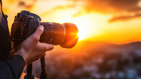 A close-up of a person holding a camera, snapping a beautiful sunset, the camera in sharp focus while the golden sun dips below the horizon.の素材