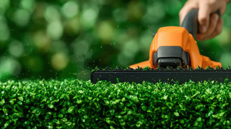 A vibrant close-up image of a handheld electric hedge trimmer in action, expertly shaping a lush green hedge amidst a soft-focus background of thriving foliage.の素材