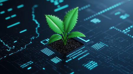 A vibrant green plant emerges from dark soil against an abstract technology backdrop, illustrating the intersection of nature and innovation in modern agriculture and sustainability.の素材
