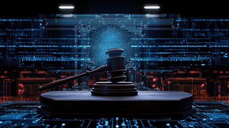 An artistic representation of a legal gavel symbolizing justice, set against a futuristic digital background, merging law and technology in today's society.の素材