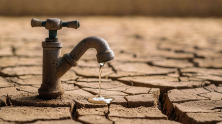 A faucet leaks water onto a dry, cracked earth, symbolizing the urgent issue of water scarcity and environmental challenges in a parched landscape.の素材