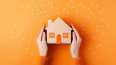 A pair of hands gently cradle a cardboard house model against a vibrant orange backdrop, highlighting themes of home ownership and creativity in real estate.の素材