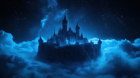 A magical castle stands tall above the clouds, bathed in a soft blue glow beneath a starry night sky, evoking feelings of wonder and exploration in a dreamlike realm.の素材