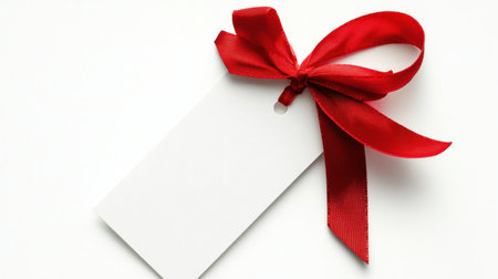 Blank white gift tag with a vibrant red ribbon, isolated on a clean white background, ready for personalized messagesの素材