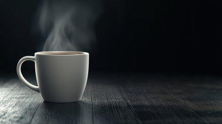 Steaming hot drink in a white mug on a dark wooden table, with a black background enhancing the inviting aroma of the beverageの素材