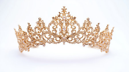 Elegant golden crown with intricate detailing, isolated on a white background, radiating royalty and luxuryの素材