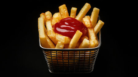 Crispy golden French fries served in a wire basket, with ketchup and sauce, isolated on a black background for a dramatic presentationの素材
