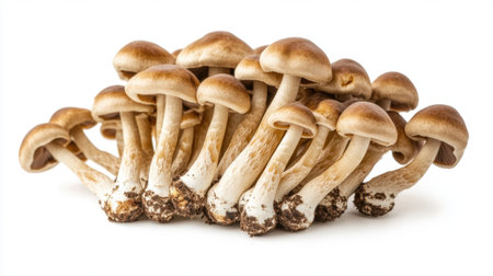Edible Shimeji mushrooms with brown caps, isolated on a clean white background, showcasing their unique shape and textureの素材