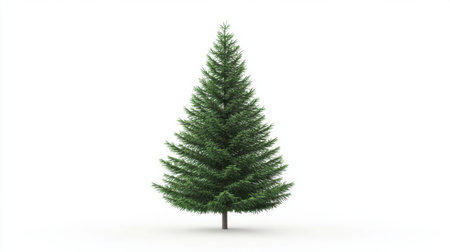 Tall green fir tree, isolated on a pure white background, representing the beauty of nature or a traditional Christmas symbolの素材