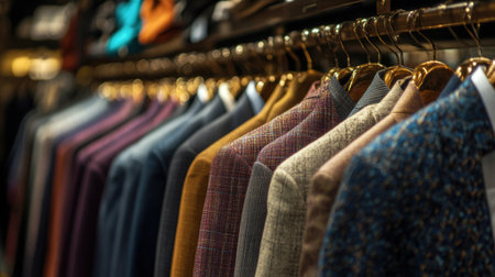 Stylish men suits neatly arranged on hangers in a boutique, showcasing a variety of colors and styles, ready for a fashionable wardrobe updateの素材