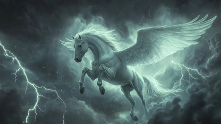 The mythical white-winged Pegasus soaring through a stormy sky, surrounded by flashes of lightning, creating a powerful fantasy sceneの素材