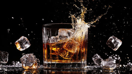 Splashing whiskey and ice cubes flying out of the glass, set against a black background for a dynamic and bold drink conceptの素材