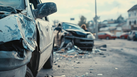 A car accident scene with insurance representatives assisting clients, damaged vehicles visible, highlighting the support provided during emergencies.の素材