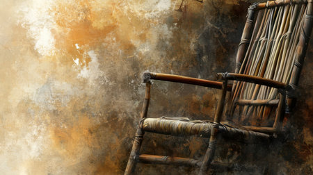 A low-angle view of a traditional bamboo chair, emphasizing its natural textures and warm tones, styled in a watercolor painting technique with a focus on elegance and craftsmanship.の素材