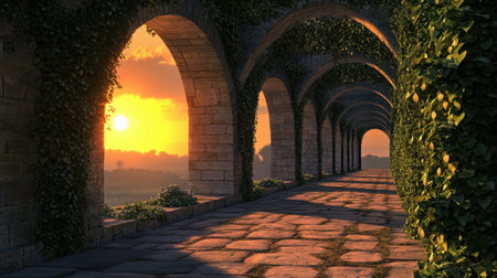 A majestic aqueduct at dawn, its ancient stones intertwined with ivy, as soft sunlight creates an ethereal, photorealistic scene filled with historical beauty.の素材