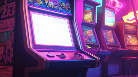 A retro arcade machine with a blank white screen in a vintage gaming room, neon lights and posters filling the background, evoking nostalgia in a colorful style.の素材