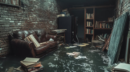 A waterlogged basement with furniture, books, and belongings partially underwater, highlighting the severe flooding and a sump pump struggling in the corner.の素材