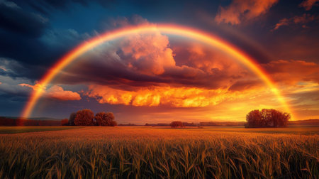 A rainbow arcs across the sky after a rainstorm, casting its colors over a rural landscape of fields and distant trees, symbolizing renewal.の素材