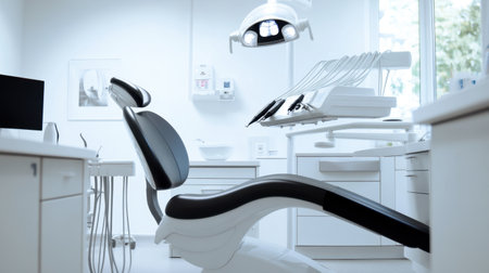 Clean, minimalist dental office with state-of-the-art equipment, showing a dentist mid-examination, capturing the essence of modern dental care.の素材