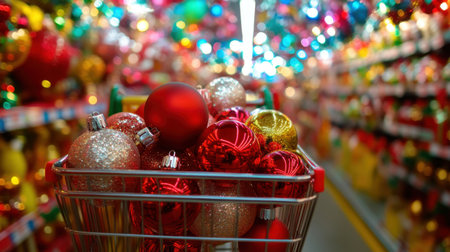 A shopping cart full of Christmas ornaments and holiday lights, pushing through a brightly decorated seasonal aisle in a store.の素材